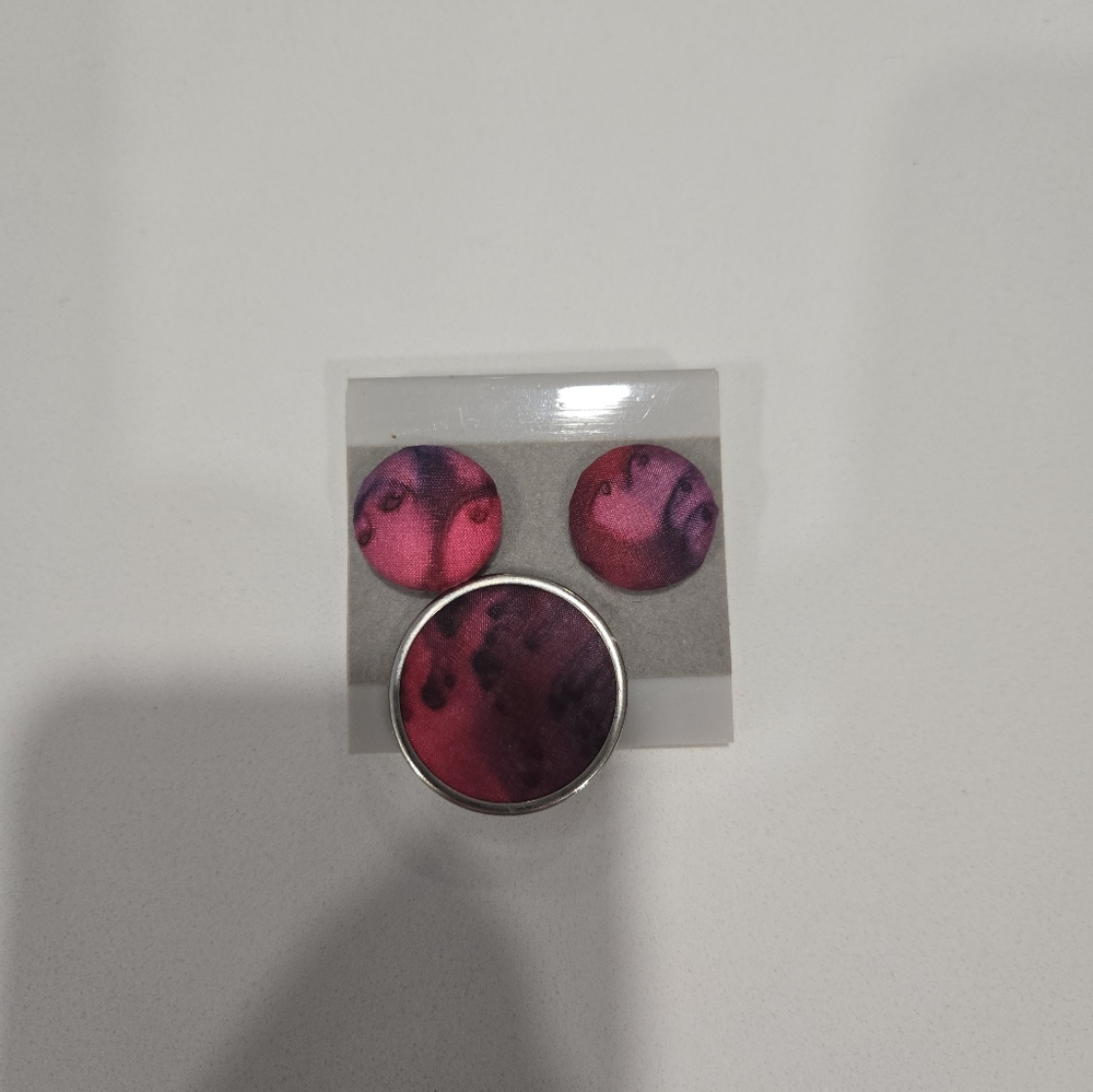 Pink and Purple Button Earrings and Brooch Set